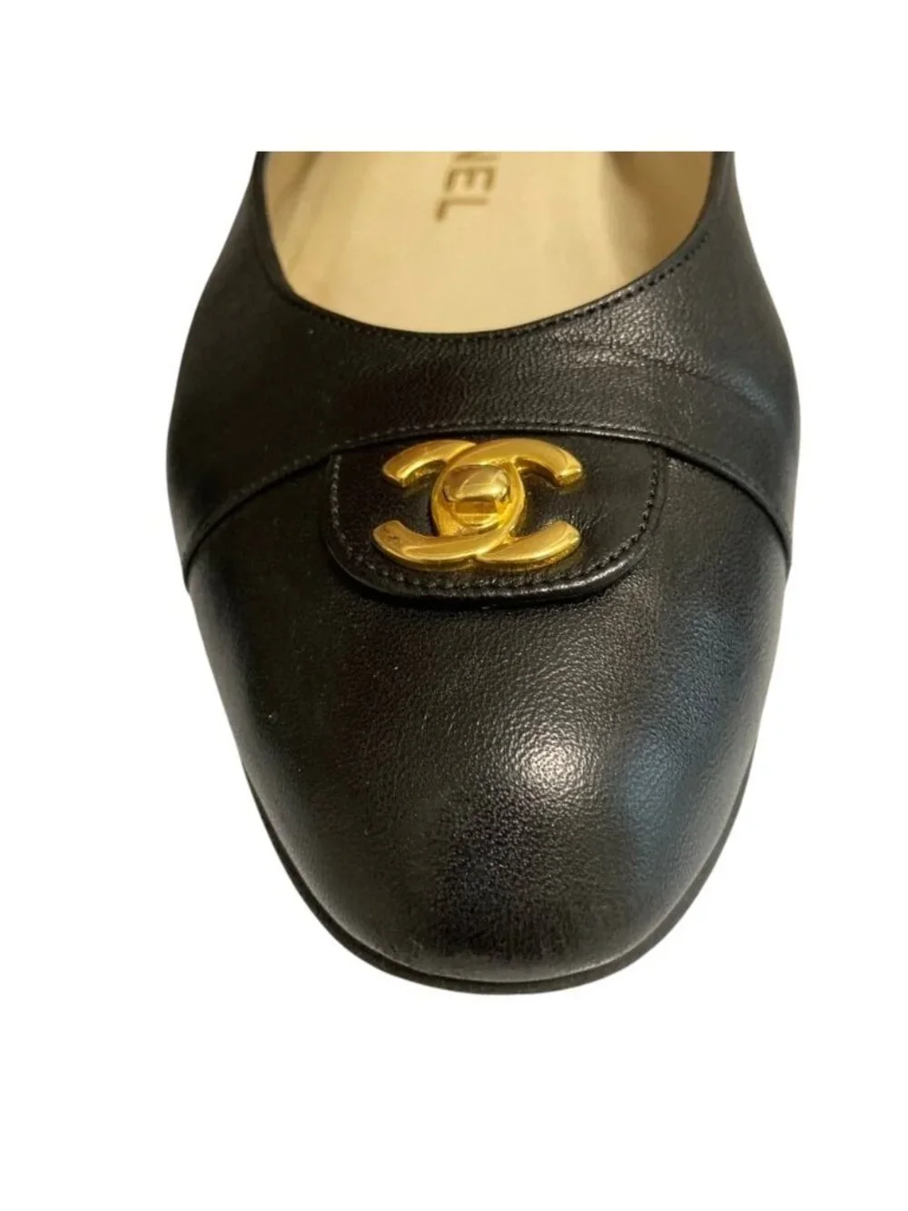 Chanel Turnlock CC Logo Plain Toe Shoes Flat Leather Pumps Black